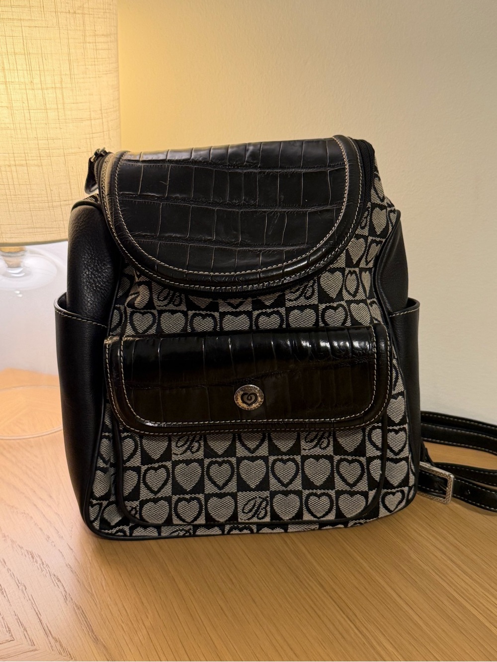 Brighton Black Signature Heart Backpack Croc Embossed Leather Y2K Monogram Bag